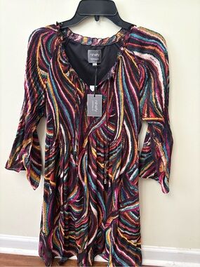 Ninety Multicolor Swirl Split-Neck Tunic in Black Base